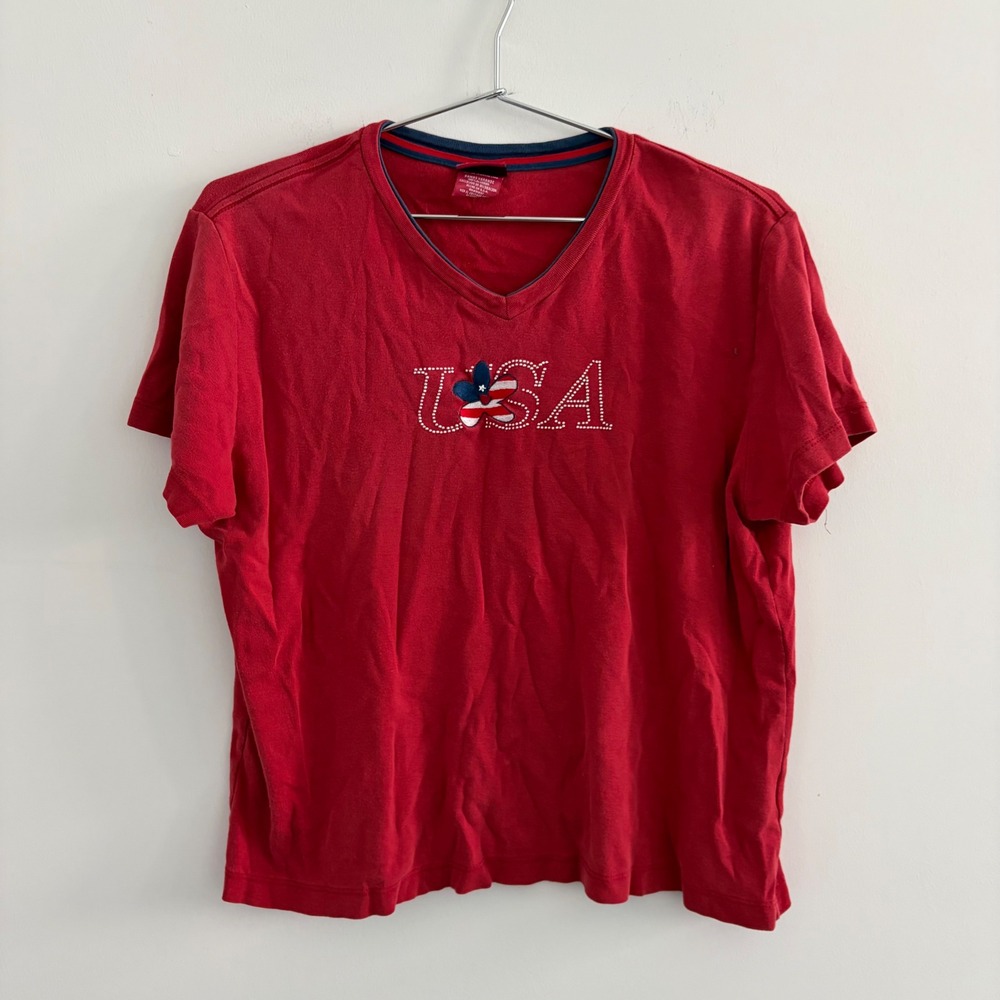 Spirit of America USA Red V-Neck T-Shirt Womens XL Patriotic Cotton Made in USA